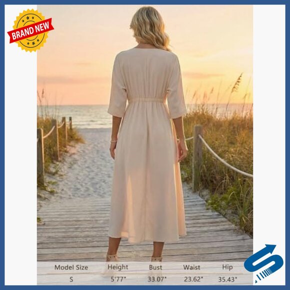 V-Neck Batwing Sleeve Midi Dress with Pockets, Flowy Polyester Casual Wear - Picture 5 of 7